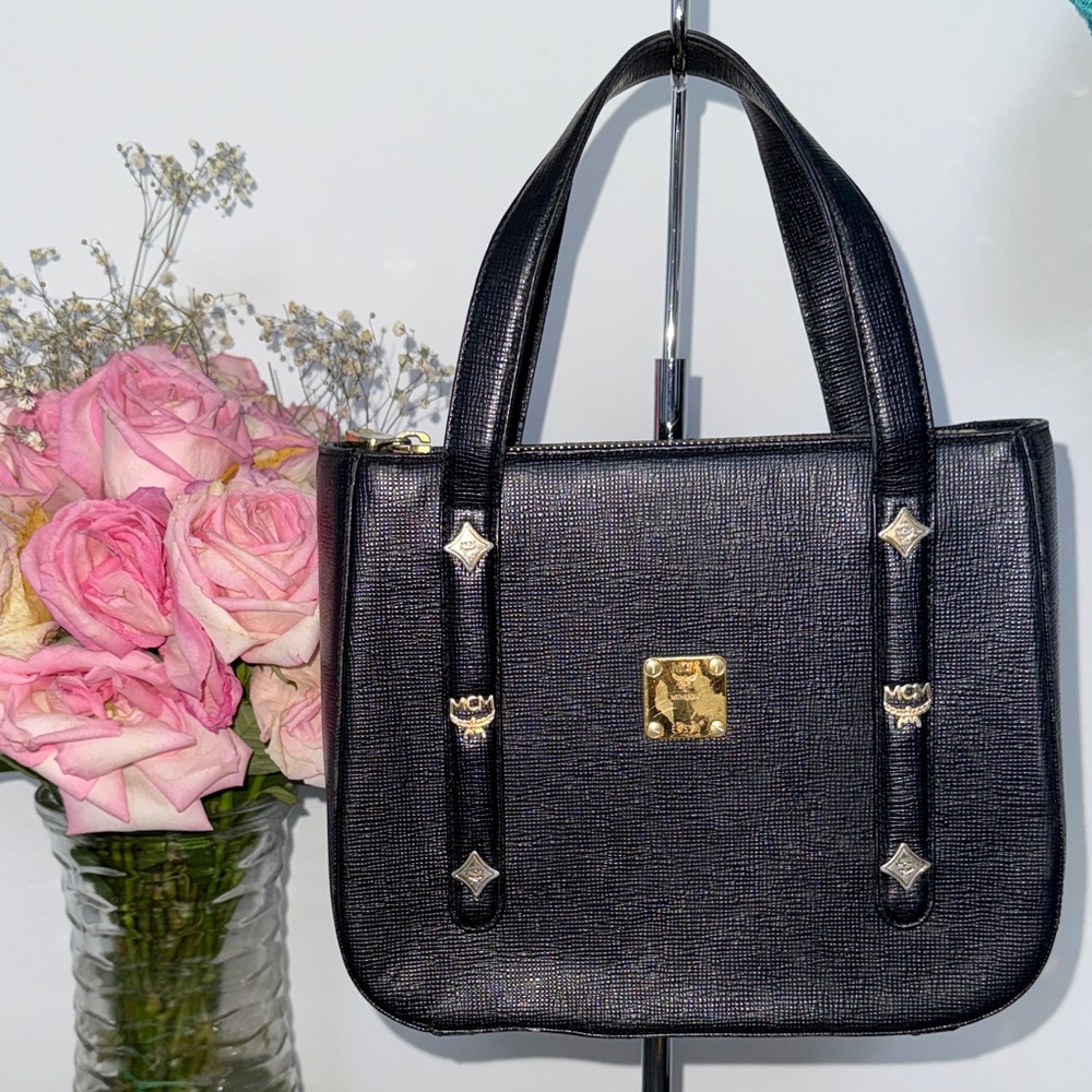 MCM Small Boston Black and Gold Structured Hand Bag